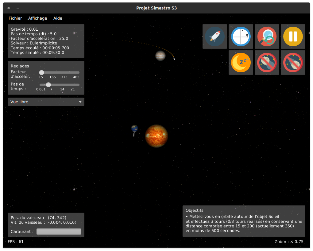 A simple system containing two planets and a spaceship