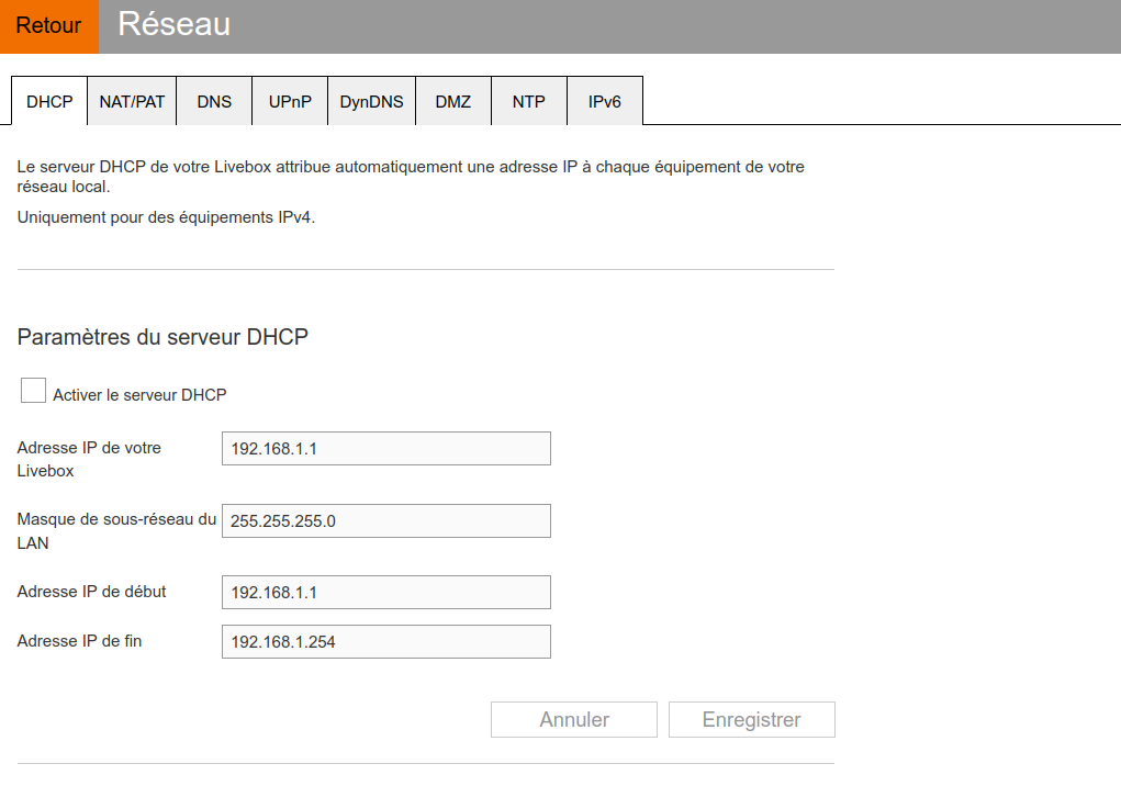 Configuration Livebox DHCP