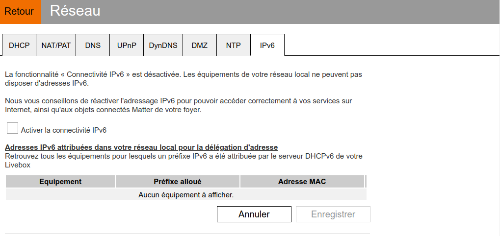 Configuration Livebox IPV6